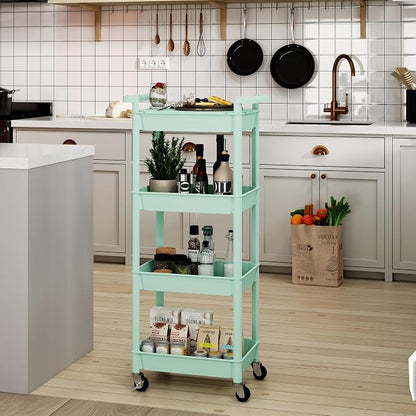STEEHOOM Utility cart with Tabletop 4 Tier Rolling Cart Organizer with Wheels Movable Storage Cart for Office, Living Room, Kitchen, Craft Room, Green