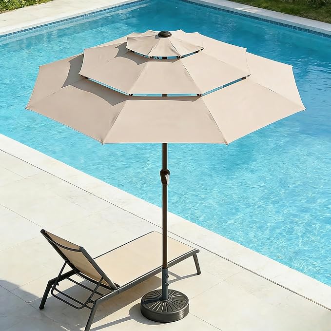 10ft 3 Tier Patio Umbrella, Outdoor Market Table Umbrella with UPF 50+ Vented Canopy, 8 Sturdy Ribs, Easy Push Button Tilt and Crank, Windproof for Deck, Pool, Backyard and Garden