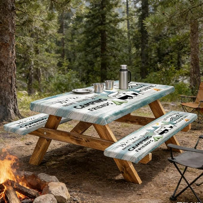 Happy Camper Picnic Table Cover with Bench Covers Elastic Edges, Wooden Camper Fitted Table Cover, Outdoor Patio Camping Essentials 60 Inch 3PCS, Waterproof Camping Tablecloth with Drawstring Bag