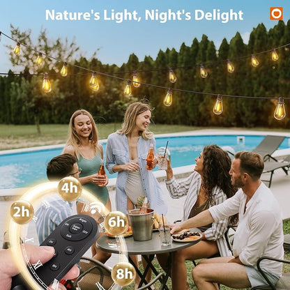 addlon 102FT(96FT+6) Solar String Lights Outdoor, Waterproof, Last 20+ Hrs | 34 Shatterproof LED Bulbs, USB Charging, Dimmable, Timer Remote, Easy Install for Garden, Backyard, Pergola and Party