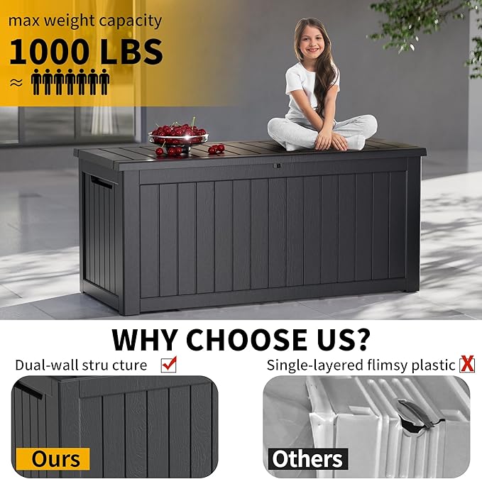 200 Gallon Outdoor Storage Box Patio Deck Box Waterproof, Resin Lockable Outside Large Storage Bin for Pool Cushion Furniture, Garden Tools UV-Resistant, Black