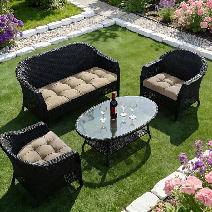 Wicker Chair Cushions of 3 Pieces, Waterproof Cushions for Patio Furniture, Tufted Wicker Outdoor Furniture Cushions, 1 Patio Loveseat Cushion and 2 U-Shaped Cushions, 44"x19"x5", Beige