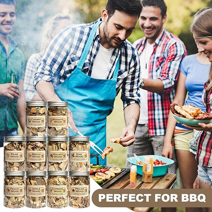 10 Pack Natural Wood Chips for Smoker Grill and Smoking Gun, Apple, Cherry, Oak, Pear, Peach, Pecan, Beech, Mesquite, Walnut & Cypress About 90g Each, Smoker Woodchips for BBQ Smoking Beef Pork Whisk