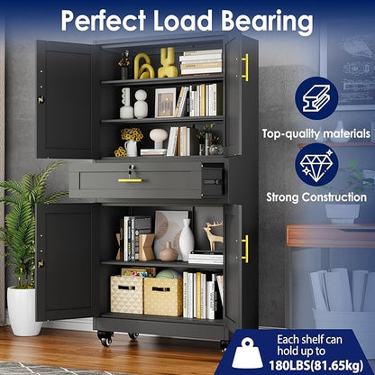 erosoei 75" H Metal Garage Storage Cabinet, Rolling Tool Cabinet with 2 Doors and Wheels, Locker Steel Cabinet with 4 Adjustable Shelves and Drawer, Organization Cabinet for Garage,Office,Home,Gym