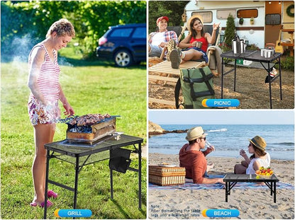 Small Floding Grill Table with Mesh Layer, 2 Height Adjustable, Portable & Lightweight Metal Camping Table for Outdoor, Beach & BBQ - Compact (2 FT, Black)