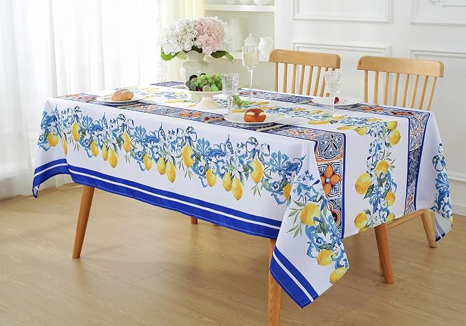 SASTYBALE Lemon Tablecloth, 52 x 70 inch Rectangular, White | Summer Tablecloths for Rectangle Tables, Spill-Proof Stain-Resistant Fabric for Dining, Party, Picnic, Indoor, Outdoor