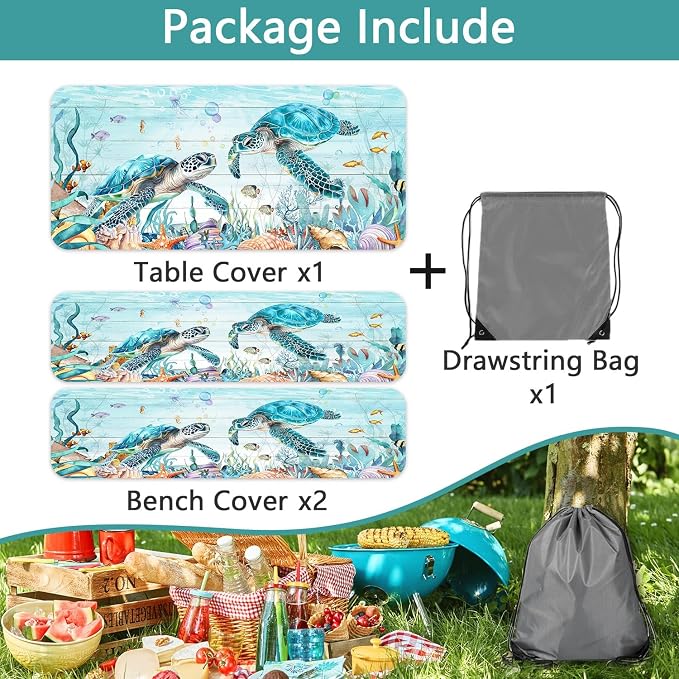 Ocean Sea Turtles Picnic Table Cover with Bench Covers and Bag, Camping Essentials, Waterproof Windproof, Fitted Tablecloth Cover with Elastic Edge, for Indoor & Outdoor, Garden, 3 PCS, 30x96 Inch