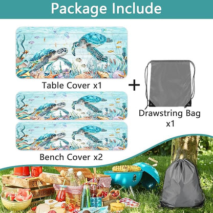 Ocean Sea Turtles Picnic Table Cover with Bench Covers and Bag, Camping Essentials, Waterproof Windproof, Fitted Tablecloth Cover with Elastic Edge, for Indoor & Outdoor, Garden, 3 PCS, 30x96 Inch