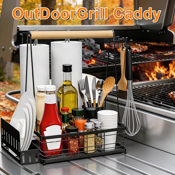 Grill Caddy, BBQ for Outdoor Grill with 2 Paper Towel Holders, Picnic BBQ Condiment Utensil Organizer Caddy for Outdoor Cooking, Rv, Camping Essential, Camper Must Haves,Gifts for Men