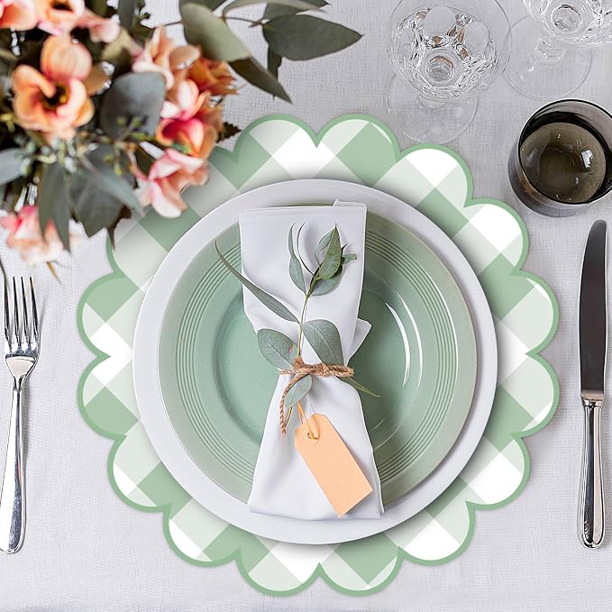100 Pcs Checkered Paper Placemats Sage Green Gingham Place Mats 13.5 Inch Disposable Round Decorative Dining Table Mat with Scalloped Edge Paper Cutouts Decor for Picnic BBQ Table Party Supplies