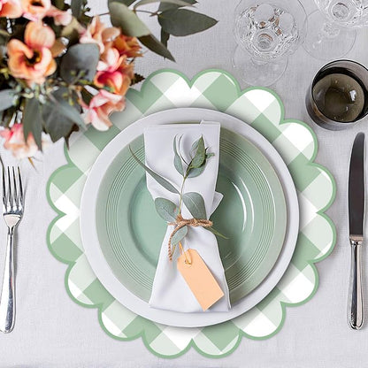 100 Pcs Checkered Paper Placemats Sage Green Gingham Place Mats 13.5 Inch Disposable Round Decorative Dining Table Mat with Scalloped Edge Paper Cutouts Decor for Picnic BBQ Table Party Supplies