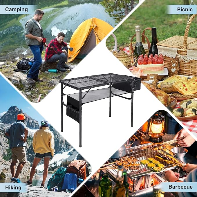 Portable Grill Table with Sink for Outside, Aluminum Frame Folding Grill Stand Table for Outdoor Camping Picnic BBQ, Lightweight Adjustable Height, 36 x 20 x 31 Inches, Black