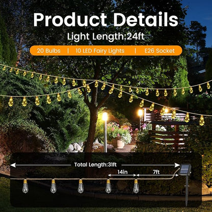 Solar String Lights, Solar Outdoor String Lights, 24FT Solar Powered Patio Lights with 20 Shatterproof Bulbs, Waterproof Vintage Rope Hemp & 8 Modes for Garden Fence Balcony Camping (Warm White)