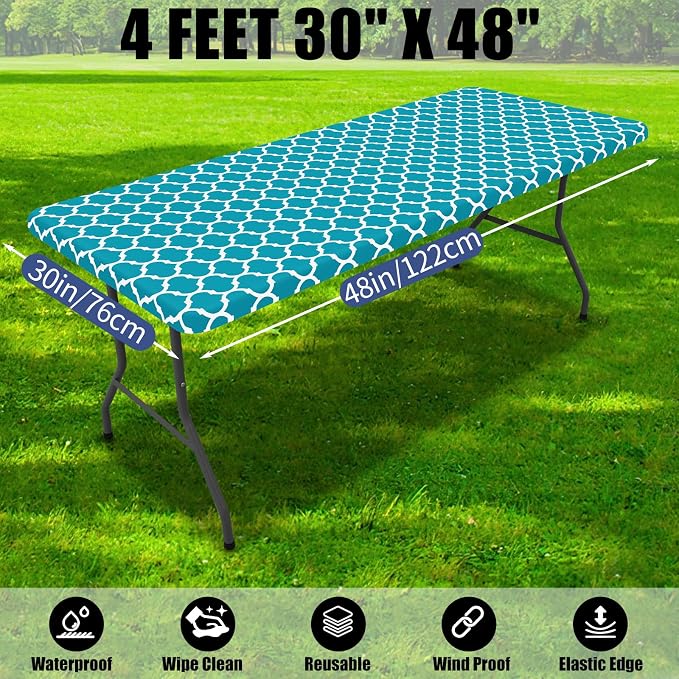 Smiry 2 Pack Rectangle Table Cloth 4 Foot, Waterproof Elastic Fitted Tablecloths, Windproof Washable Polyester Table Cover for Picnic, Camping, Outdoor (Teal, 30"x48")