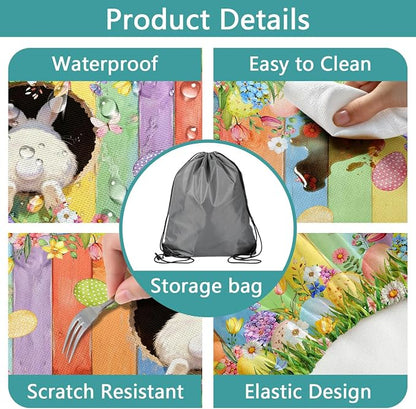 Easter Picnic Table Cover with Bench Covers, Cute Bunny Flower Colorful Wooden Board Camping Tablecloth, Waterproof Windproof, Fitted Tablecloth Cover with Elastic Edge, for Outdoor, 3 PCS, 30x72 Inch