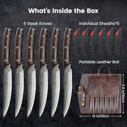 SYOKAMI Steak Knives Set of 6 with Portable Leather Roll & Individual Sheaths, 4.8 Inch Non Serrated Dinner Knives, High Carbon Stainless Steel, Full Tang Wood Handle, Gift Box for BBQ Outdoor Dining