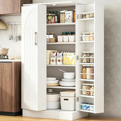 kepptory 47" Kitchen Pantry Cabinet with Doors and Adjustable Shelves, Freestanding Pantry Storage Cabinet, Farmhouse Buffet Cupboard for Kitchen, Dining Room, Living Room, White