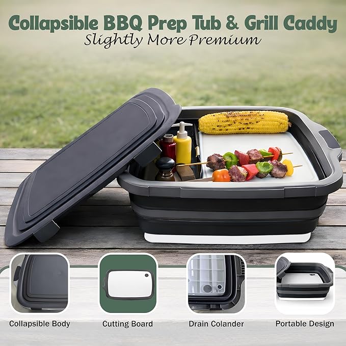 16L BBQ Prep Tub with 2 Pcs Meat Shredder Claws, Collapsible Cutting Board, Cutting Board with Locking Lids, Drip Easy BBQ Prep Tub with lid-XL Size (Black)