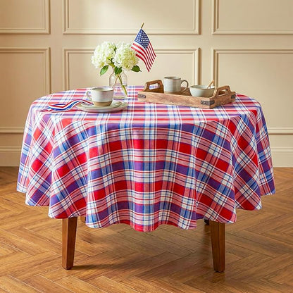 4th of July Red White and Blue Plaid Tablecloth – Waterproof Patriotic Independence Day Table Cover for BBQ, Picnic, Party, Farmhouse Kitchen & Outdoor Decor, 60" Round