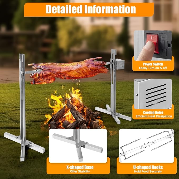 56-Inch BBQ Rotisserie Kit, Stainless Steel BBQ Rotisserie with 5 Height Adjustments, 360° Motorized Spit for Outdoor Camping, 88lbs Capacity, Portable Grill Stand