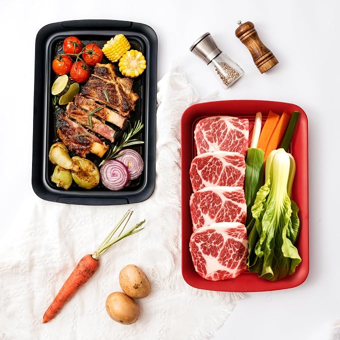 TP Deep Grilling Prep and Serve Trays, 18" x 12", Set of 2, Black&Red | Melamine BBQ Trays, Serving Platters for Meats, Raw and Cooked Food Separation, Lightweight, Break-resistant