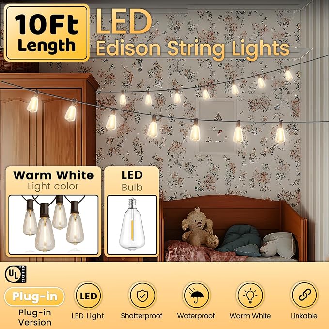 10FT Outdoor String Lights - Waterproof LED Patio Lights Shatterproof ST38 Edison Bulbs, Connectable Hanging Outdoor Vintage Lights for Indoor Backyard Yard Gazebo Porch Party Decor