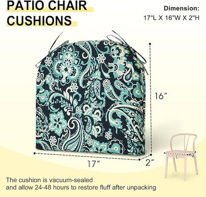 downluxe Outdoor Chair Cushions Set of 4 for Patio Furniture, Water-Resistant Patio Chair Cushions with Ties, High Density Foam Outdoor Seat Cushion, 17" X 16" X 2", Green Paramecium