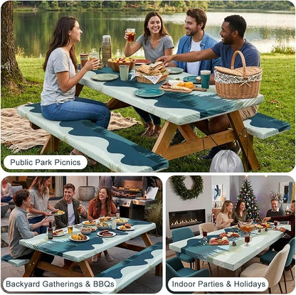 Picnic Table Cover with Bench Covers Windproof Waterproof Picnic Table Covers Camping Tablecloth with Self-Storage Bag, 96in, Green Blue
