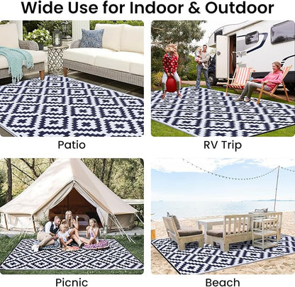 Smiry Outdoor Rug 6x9 ft Waterproof Reversible Boho Mat, White & Navy | Polypropylene Plastic Straw, Quick Drying, Lightweight Foldable, for Patio, Deck, RV Camping, Backyard and Indoor Outdoor Use