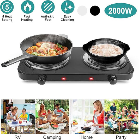 Electric Hot Plate,2000W Portable Electric Stove Countertop Double Coil Burners W/Dual Control&5 Level Temperature Control, Easy to Clean,Lightweight Cast Iron Countertop Stove for Home Camp RV 110V
