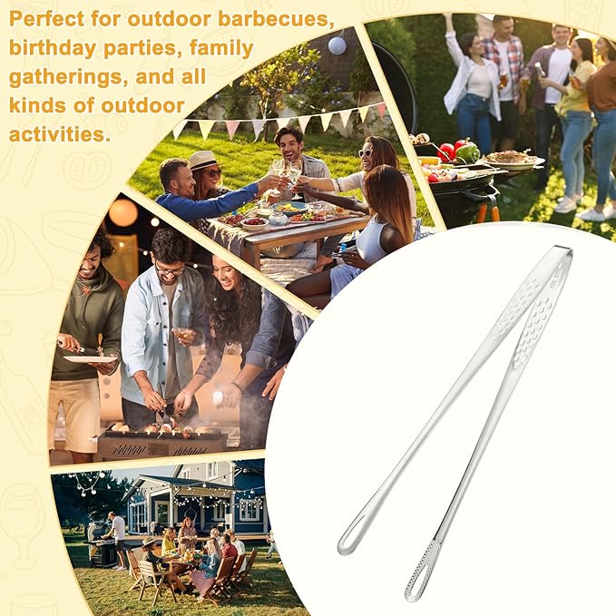 M METERXITY 2-Pack Extra Long Grill Tongs, 9.4 Inch Non-Slip 304 Stainless Steel Locking Tongs for Cooking/Buffet/Outdoor Barbecue, Korean BBQ Tweezers Metal Clamp Tool [Silver Tone]