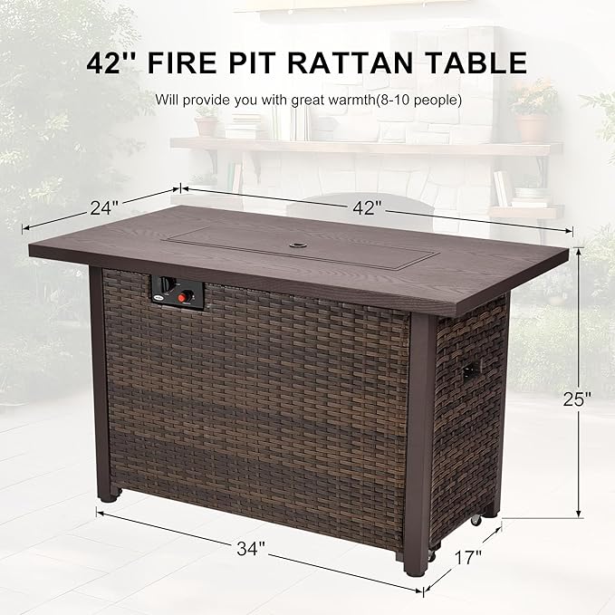 42 Inch Propane Fire Pit Table, 50,000 BTU Outdoor Gas Fire Pits with Removable Lid, 2 in 1 Rectangular Firepit Table for Outside Patio Deck and Garden (Brown)