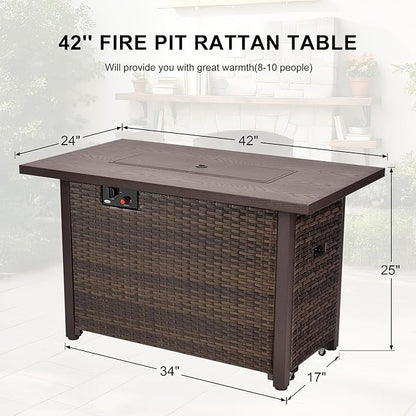 42 Inch Propane Fire Pit Table, 50,000 BTU Outdoor Gas Fire Pits with Removable Lid, 2 in 1 Rectangular Firepit Table for Outside Patio Deck and Garden (Brown)