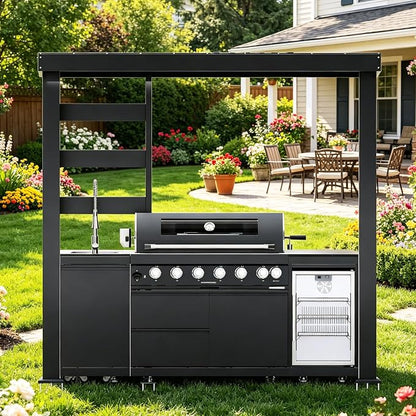 94" Stainless Steel Outdoor Kitchen Island with 6-Burner 85000 BTU,Heavy-Duty Natural Gas Grill with Rotisserie Oven,Galvanized Steel Roof,Granite Countertops,Refrigerator,Sink.(Natural Gas)