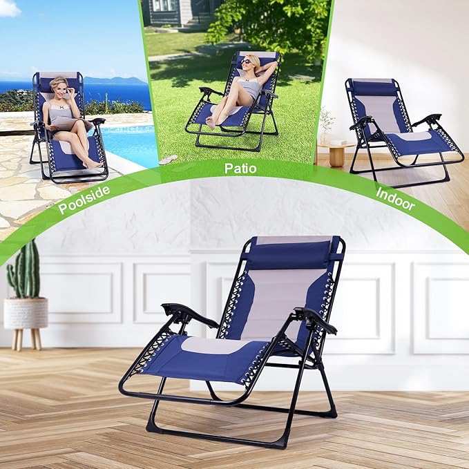 Backyard Expressions Deluxe XL Padded Recliner Zero Gravity Chair – Ergonomic Anti-Gravity Lounger with Folding Design, Side Tray, and Adjustable Headrest
