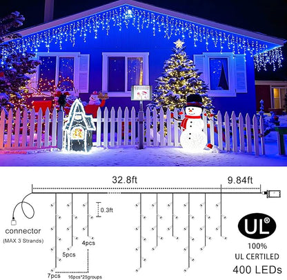 33FT Icicle Lights for Outside 400 LED Blue Christmas Lights Outdoor | Connectable Icicle Christmas Lights Outdoor Waterproof, Plug in 8 Modes with 75 Drops for Indoor House Party Wedding Decor