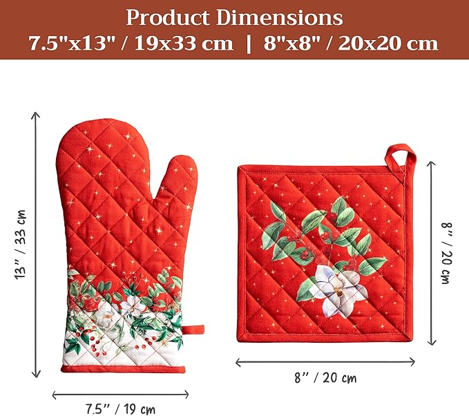 Maison d' Hermine 100% Cotton Oven Mitt & Pot Holder Set (7.5"x13" & 8"x8") Heat Resistant BBQ Cooking Gloves with Loop for Thanksgiving Christmas Decorations Handling Hot Pans (Noel)