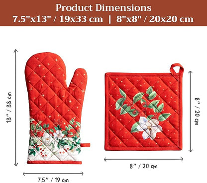 Maison d' Hermine 100% Cotton Oven Mitt & Pot Holder Set (7.5"x13" & 8"x8") Heat Resistant BBQ Cooking Gloves with Loop for Thanksgiving Christmas Decorations Handling Hot Pans (Noel)