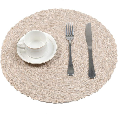 SHACOS Round Braided Placemats 15 inch Set of 4 Boho Woven Washable Kitchen Table Placemats for Home Wedding Party (T-Beige, 4)