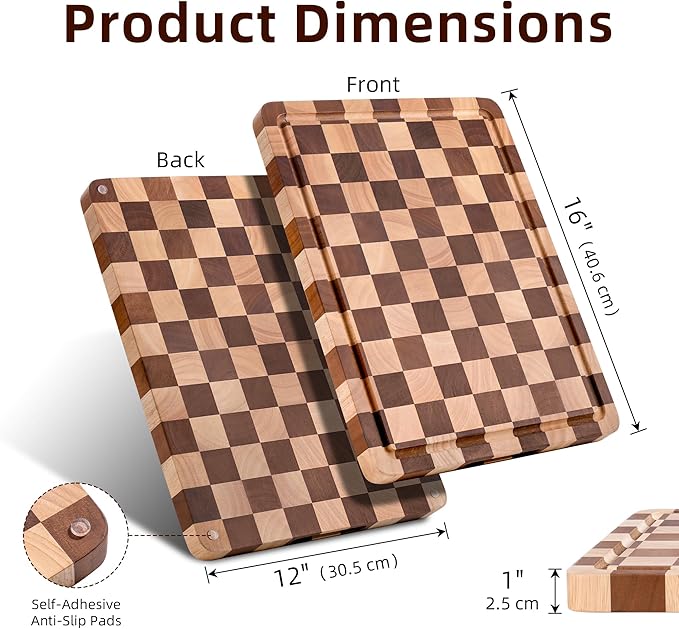 Checkered Cutting Board, Wooden Checkerboard Cutting Board for Kitchen 16 x 12 x 1", Rubber Wood Butcher Block Chopping Board with Juice Grooves & Handles for Meat, Vegetables & Cheese