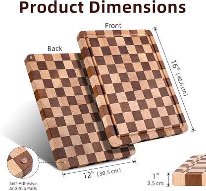Checkered Cutting Board, Wooden Checkerboard Cutting Board for Kitchen 16 x 12 x 1", Rubber Wood Butcher Block Chopping Board with Juice Grooves & Handles for Meat, Vegetables & Cheese