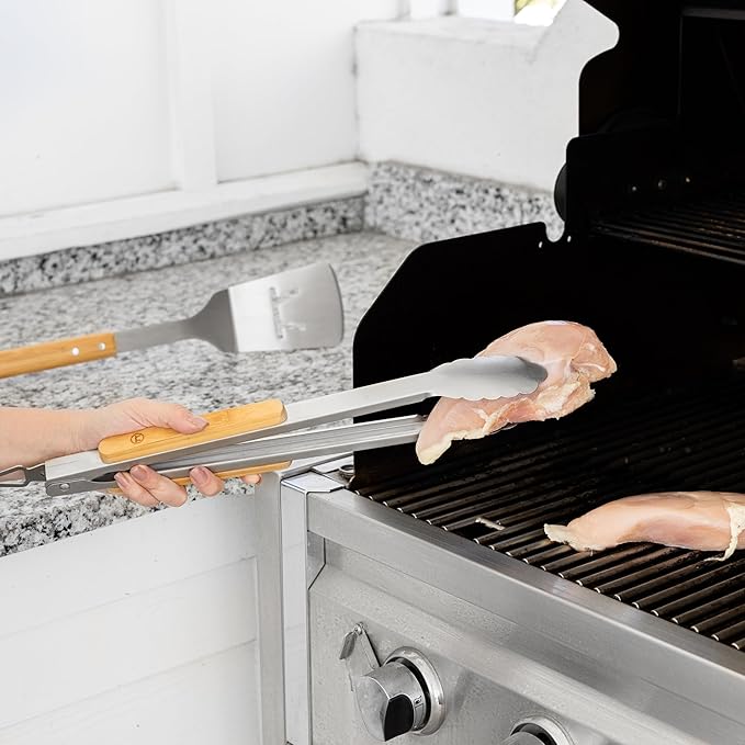 Outset Stainless Steel Grill Tool Set, Verde Collection, Spatula, Tongs, Grill Fork, and Sauce Brush