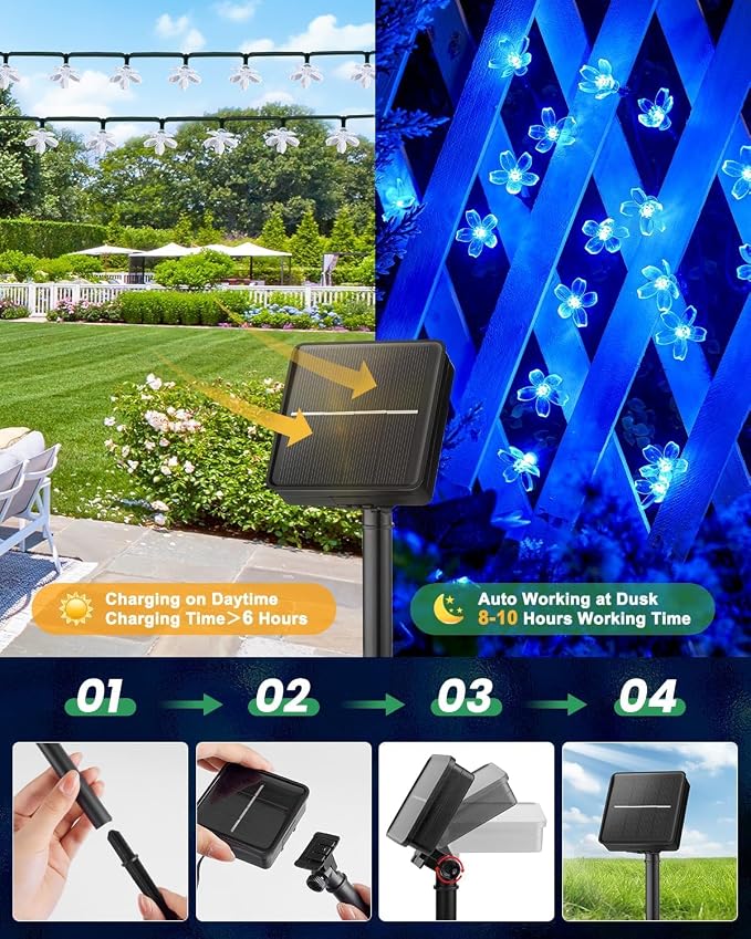 Brightown 60 LED Flower Solar String Lights Outdoor Waterproof, Fairy Lights for Garden Yard Fence Patio Christmas Tree Wedding Party Decor,Blue, 2 Pack