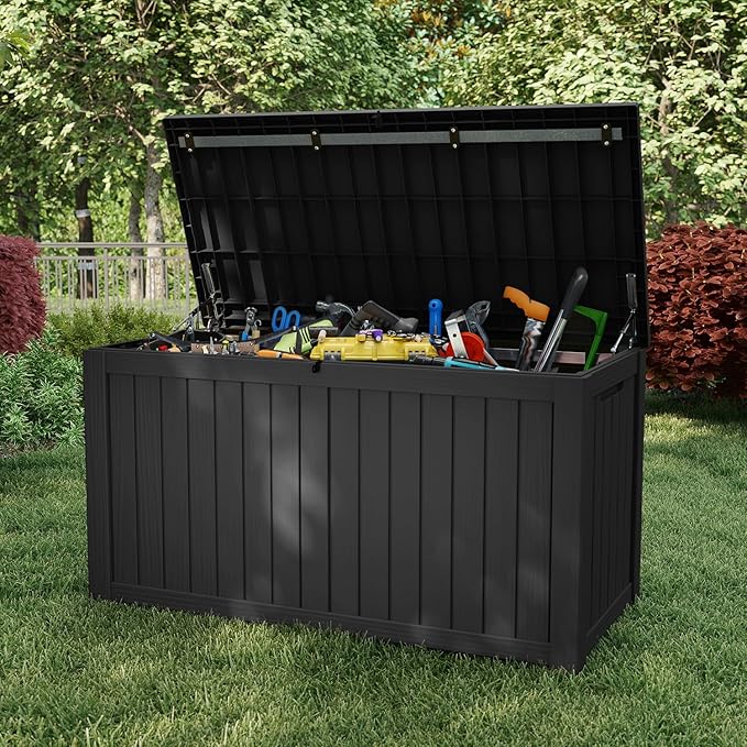 Pepe Tee Waterproof Resin Deck Box, Outdoor Storage Bin for Patio Furniture Cushions, All-Weather Garden Organizer & Seating Bench, Black