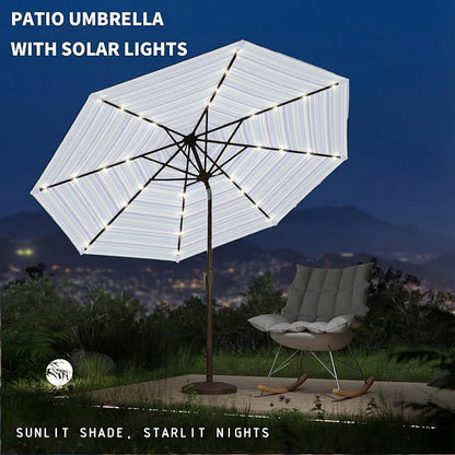 9FT Patio Umbrella with Solar Lights,Outdoor Market Umbrella with Tilt and Crank, LED Lighted Table Umbrella for Garden,Deck,Backyard,Pool,Beach (Blue Green Stripes)