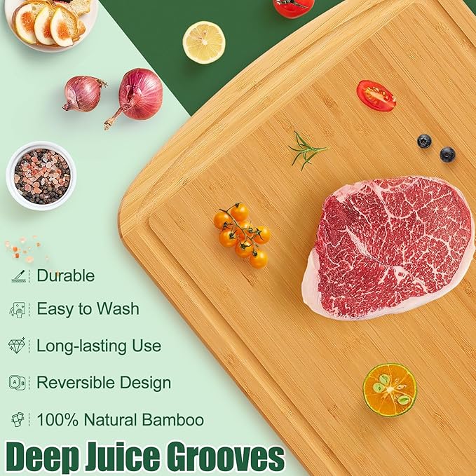 Homaxy Bamboo Cutting Boards for Kitchen Set of 3, Wood Cutting Board Set with Juice Groove, Wooden Butcher Block Chopping Board Set for Kitchen, Meat, Cheese, Fruit & Vegetables - Pre Oiled, Two-Tone