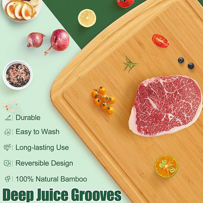 Homaxy Bamboo Cutting Boards for Kitchen Set of 2, Wood Cutting Board Set with Juice Groove, Wooden Butcher Block Chopping Board Set for Kitchen, Meat, Cheese, Fruit & Vegetables - Pre Oiled, Two-Tone