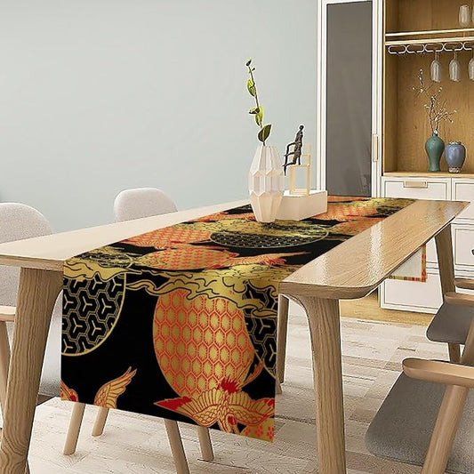 Japanese Cranes Table Runner Asian Chinese Oriental Luxury Red Black Gold Clouds Bamboo Dinner Runner Table Decoration for Home Kitchen Dining Table Party 13x120in