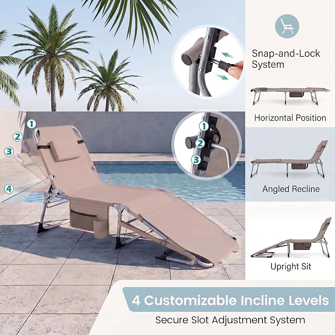 Goplus Tanning Chair with Face Arm Holes, Portable Sunbathing Chair with 4-Level Backrest & Head Pillow, Patio Lay Flat Folding Chaise Lounge with Side Pocket & Shoulder Strap for Poolside, Beach