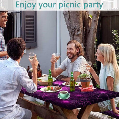 Picnic Table Cover with Bench Covers & Bag, Gothic Spider Web Outdoor Camping Accessories Waterproof Oilproof Camping Tablecloth with Elastic Edges Fitted Rectangle Table Cover, 3PCS, 30x60 Inch